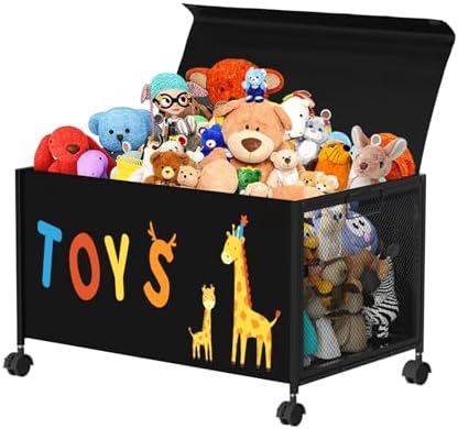 Aconfei Kids Toy Box, 70L Metal & Oxford Cloth Toy Chest with 360° Wheels, Toy box with Lid for Boys, Girls, Stuffed Animals, Clothes, Bedroom, Living Room -Black