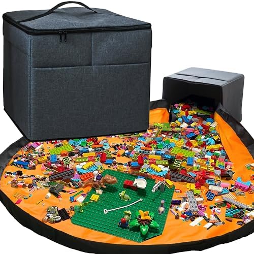 XL Toy Storage Organizer & Play Mat - Storage Bag/Box for Kids, Boys, Girls, Nursery, Playroom - Basket for Building Bricks/Blocks - Collapsible Fabric Cube Bin, 13"x13"x15"