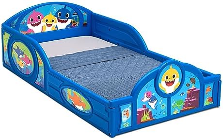 Baby Shark Plastic Sleep and Play Plastic Toddler Bed with Attached Guardrails by Delta Children, Blue