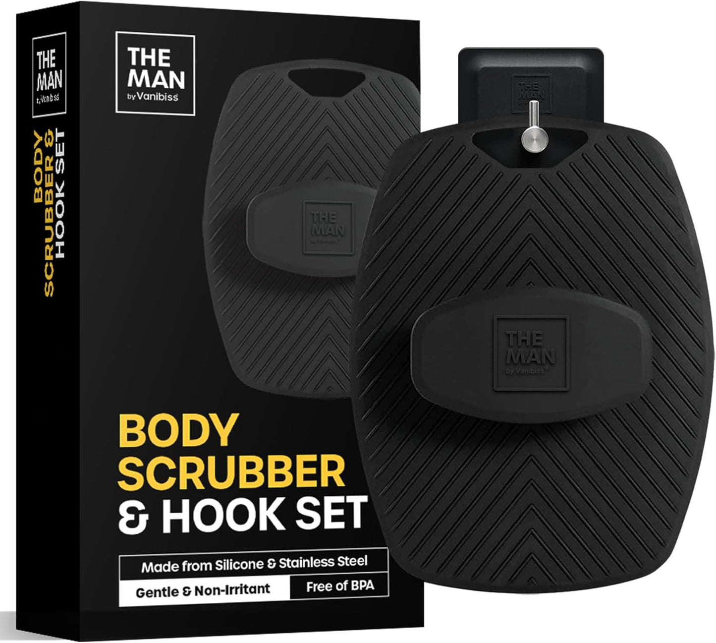 The Man Body Scrubber & Hook - Silicone Body Scrubber for Men - Shower Scrubber for Men - Silicone Body Buffer Hygienic & Easy to Clean - Soft Bristles & Non-Slip Handle - Body Washing Brush (1 Set)