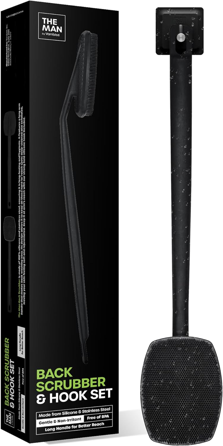 The Man Silicone Back Scrubber for Shower with Hook - Back Brush with Long Handle - Back Scrubber for Men - Hygienic Silicone Back & Body Scrubber - Long Back Scrubber Body Exfoliator (1 Set).